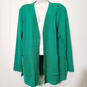 Misook Jacket Green Knit Blazer Open Cardigan Pockets Office Preppy Equestrian